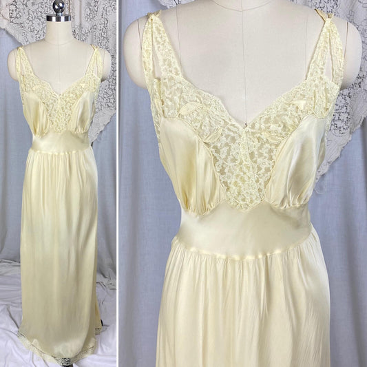 Vintage 1940's - 1950's Nightgown | Pale Yellow Rayon Satin with Acetate Lace | Size S, M | Barbizon Capricious