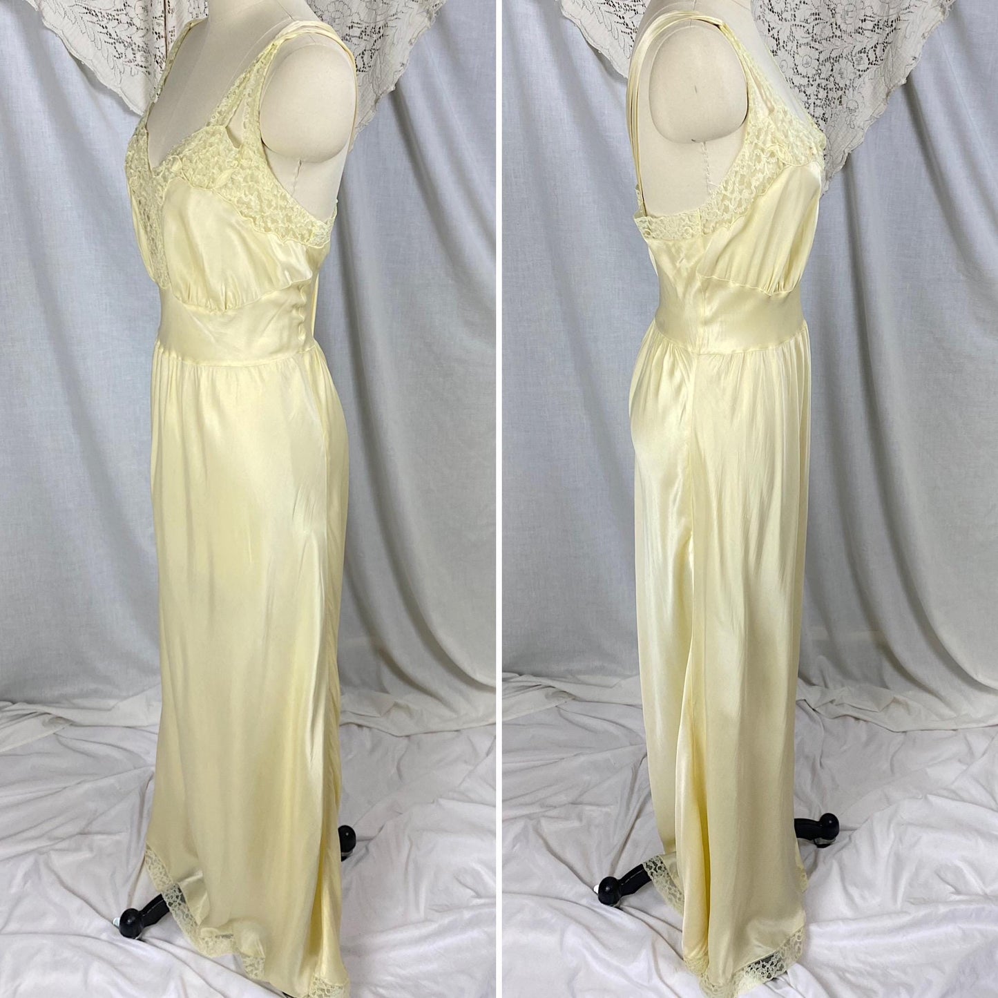 Vintage 1940's - 1950's Nightgown | Pale Yellow Rayon Satin with Acetate Lace | Size S, M | Barbizon Capricious