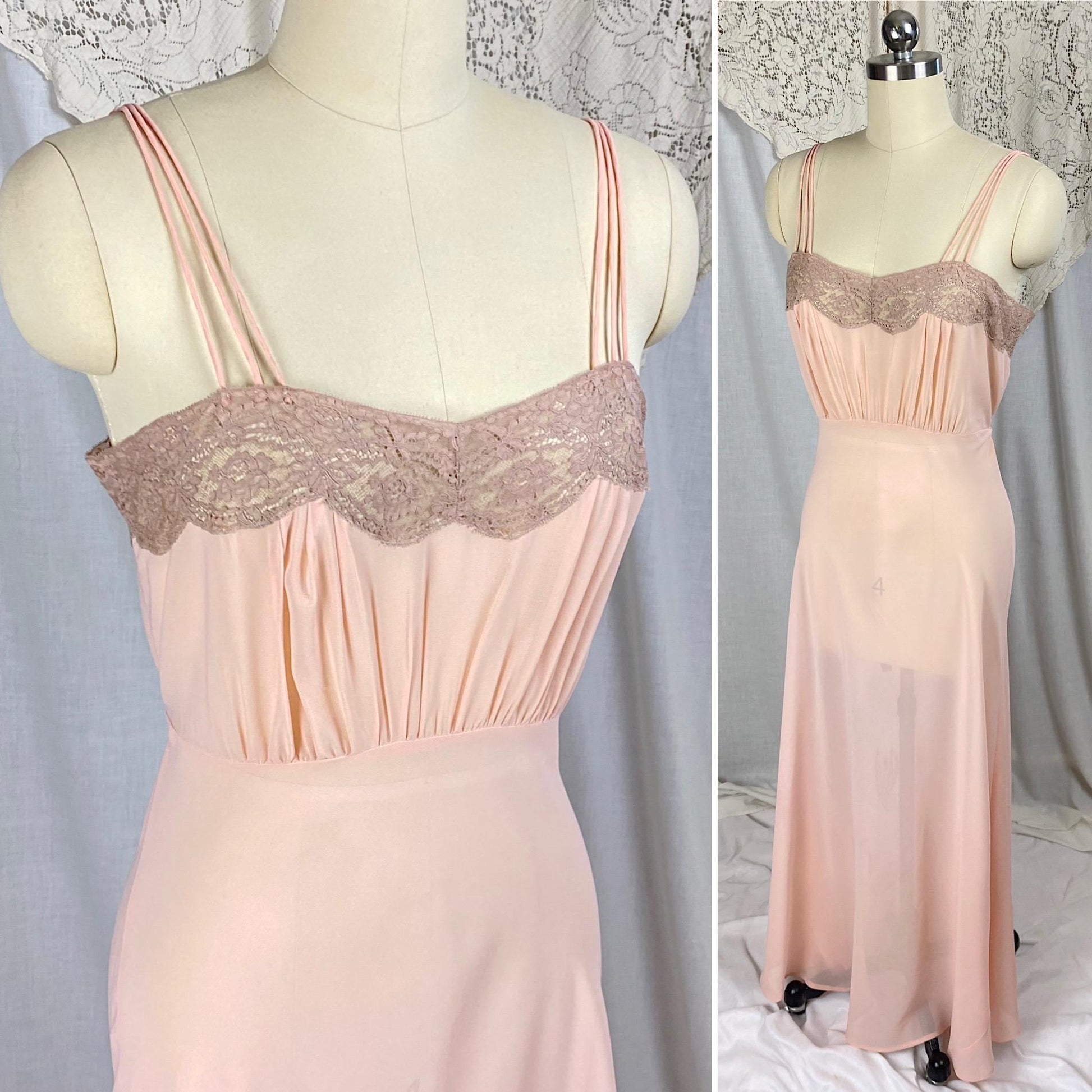 Vintage 1940's Nightgown & Peignoir Set | Sheer Rosy Pink Rayon Chiffon with Mocha Floral Lace | Size S