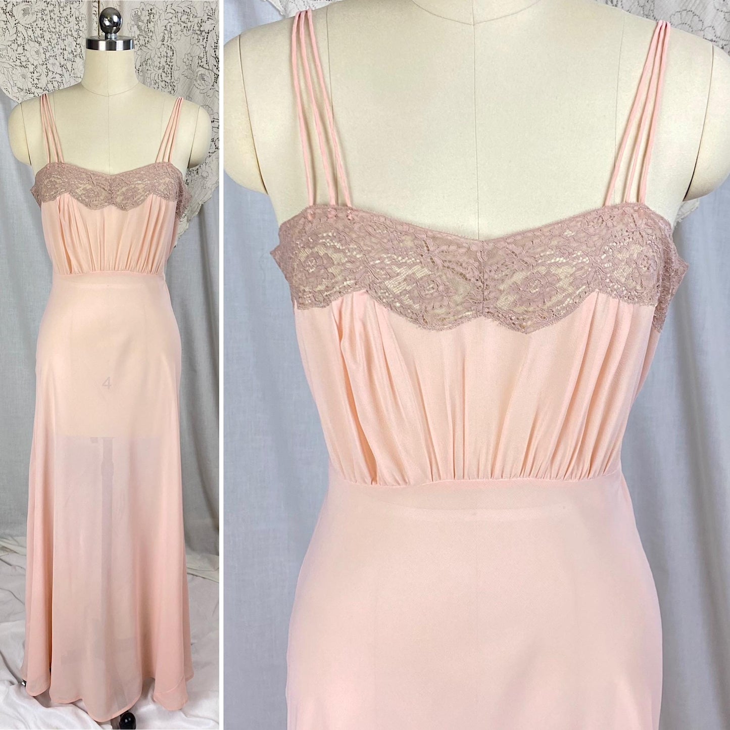 Vintage 1940's Nightgown & Peignoir Set | Sheer Rosy Pink Rayon Chiffon with Mocha Floral Lace | Size S