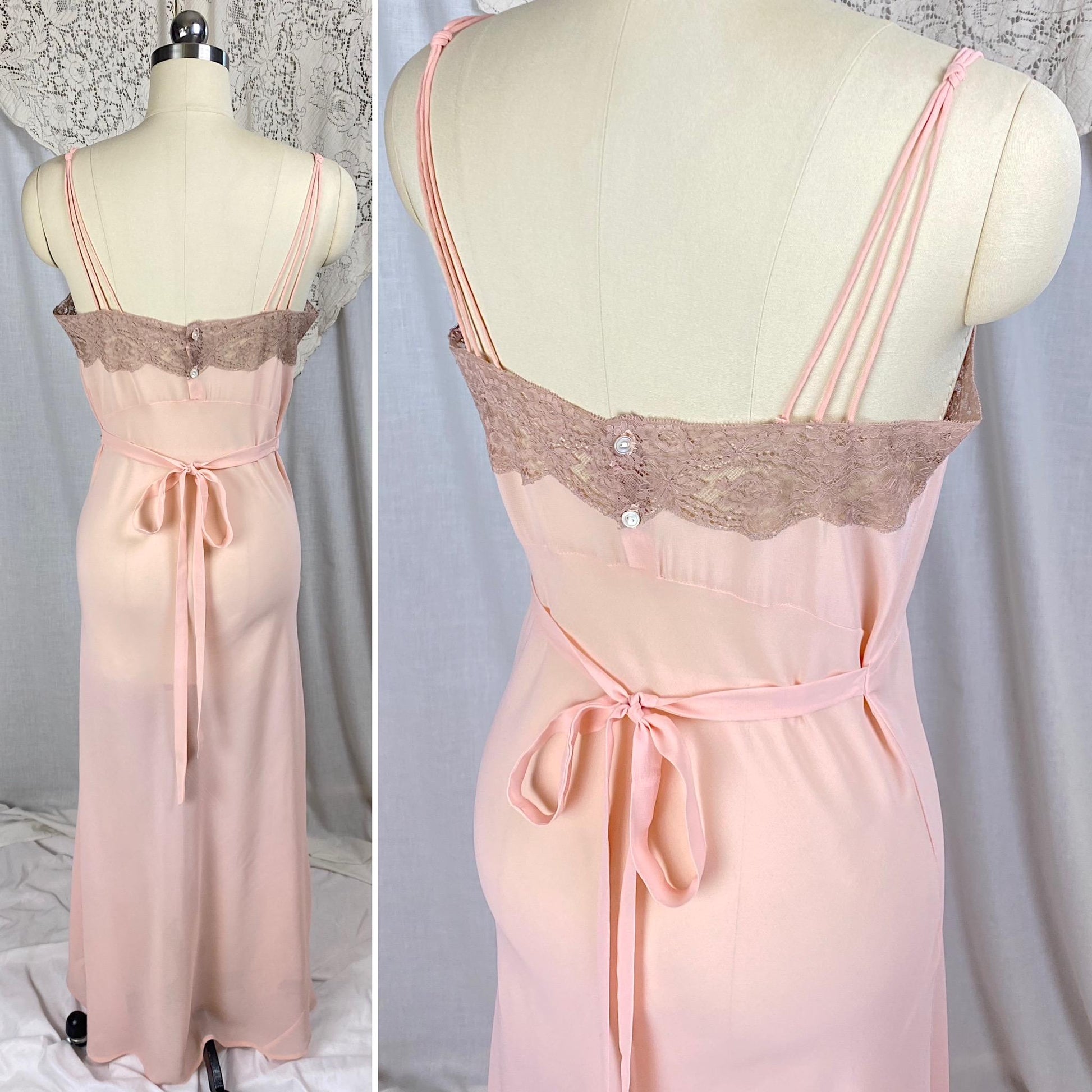 Vintage 1940's Nightgown & Peignoir Set | Sheer Rosy Pink Rayon Chiffon with Mocha Floral Lace | Size S