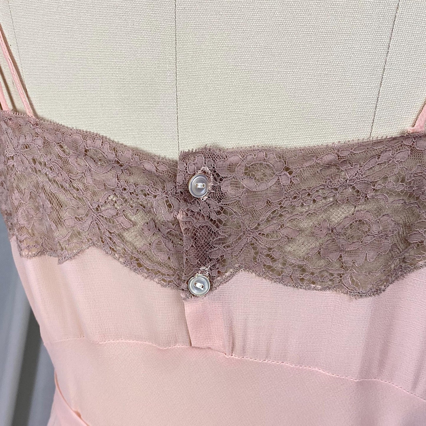 Vintage 1940's Nightgown & Peignoir Set | Sheer Rosy Pink Rayon Chiffon with Mocha Floral Lace | Size S