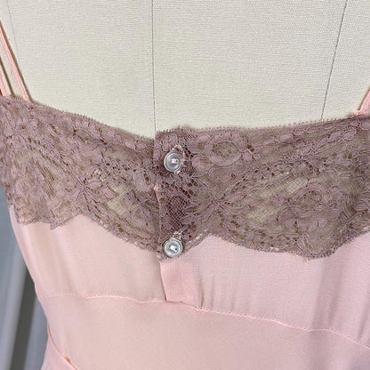 Vintage 1940's Nightgown & Peignoir Set | Sheer Rosy Pink Rayon Chiffon with Mocha Floral Lace | Size S