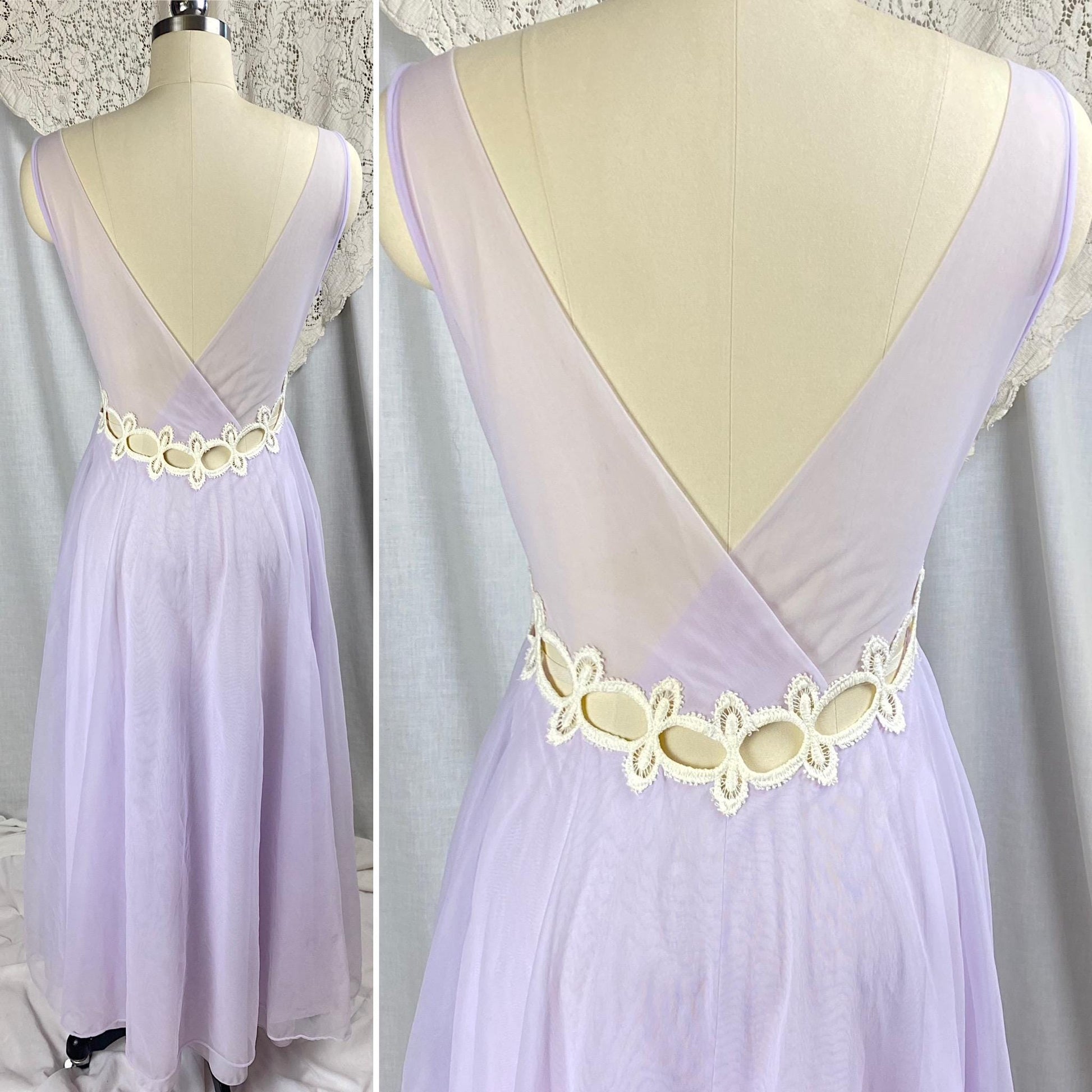Vintage 1960's Nightgown & Peignoir Set | Sheer Lilac Purple Nylon Chiffon with Cream Crochet Lace Inserts | Size M | By Molyclair
