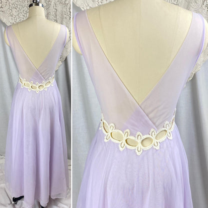 Vintage 1960's Nightgown & Peignoir Set | Sheer Lilac Purple Nylon Chiffon with Cream Crochet Lace Inserts | Size M | By Molyclair