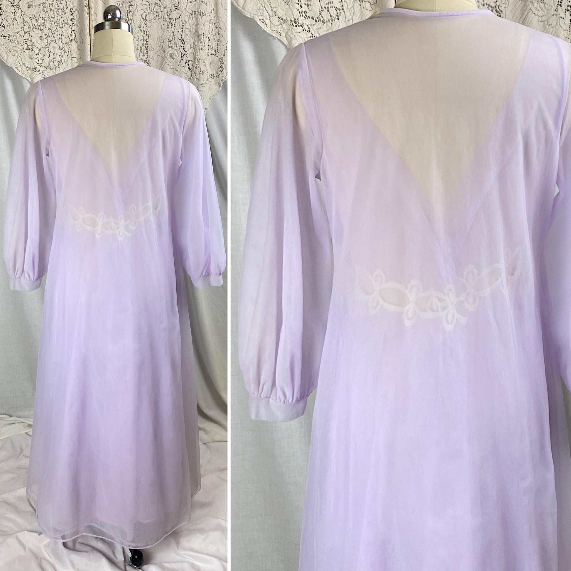 Vintage 1960's Nightgown & Peignoir Set | Sheer Lilac Purple Nylon Chiffon with Cream Crochet Lace Inserts | Size M | By Molyclair