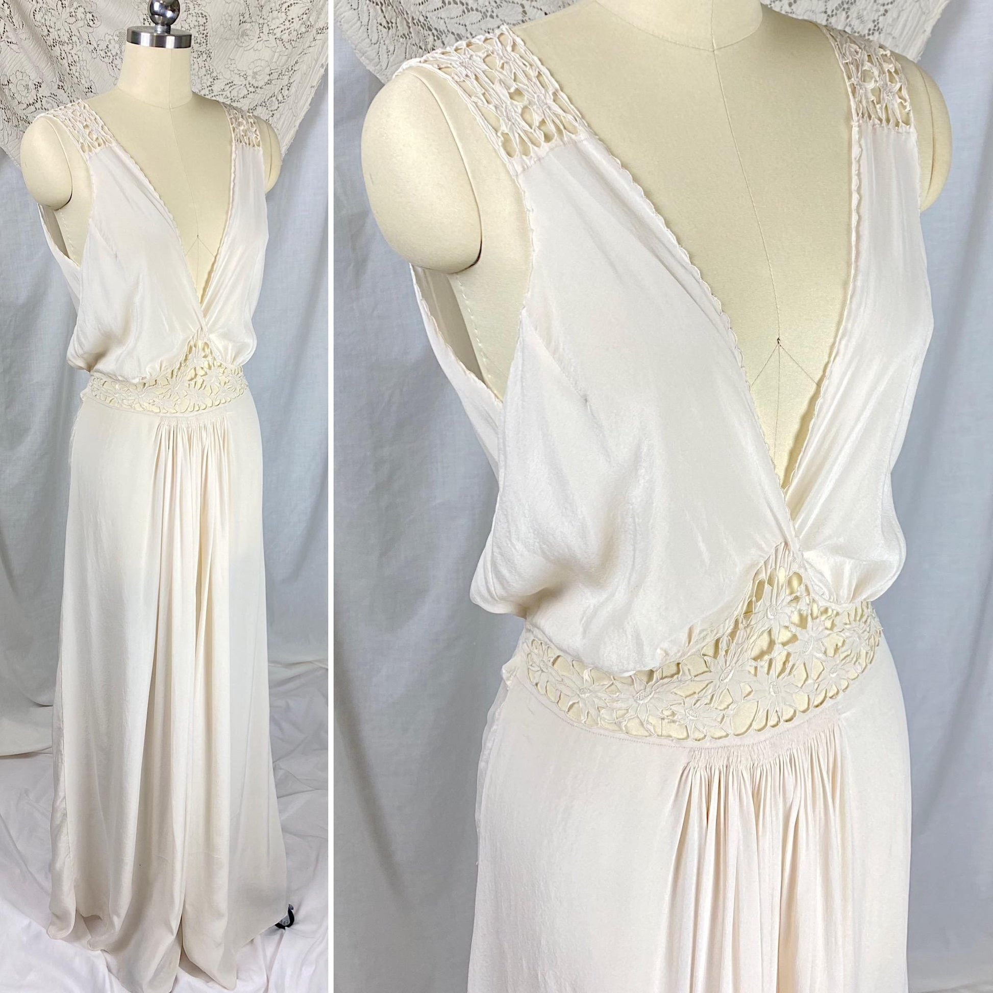 Vintage 1920's - 1930's Nightgown | Bone White Silk with Blouson Bodice & Floral Cutouts | Size S, M