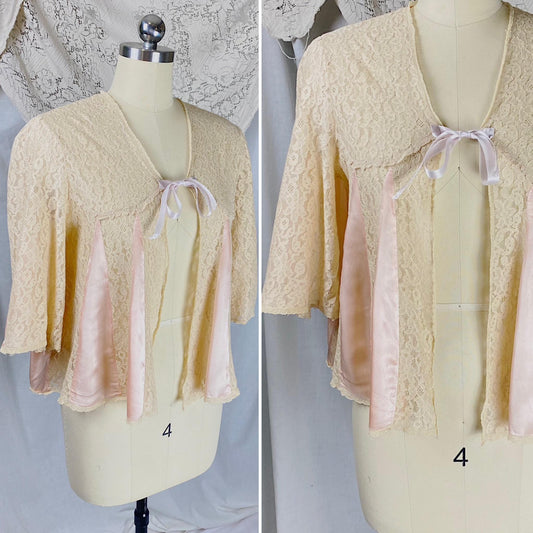 Vintage 1940's Bed Jacket | Pale Nude Floral Cotton Lace with Pink Stain Gores & Belle Sleeves | Size XS, S | By Lace Specialties