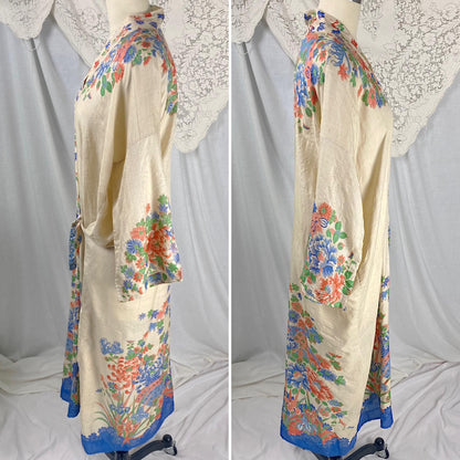 Vintage 1920's Japanese Robe | Natural Pongee Silk with Bold Floral Print & Side Tie | Size S, M, LG