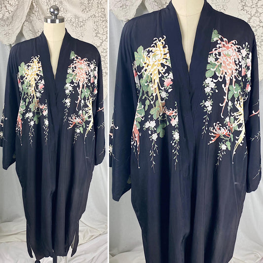 Vintage 1920's Japanese Kimono Robe | Black Rayon with Elaborate Floral Print | Size S, M, LG