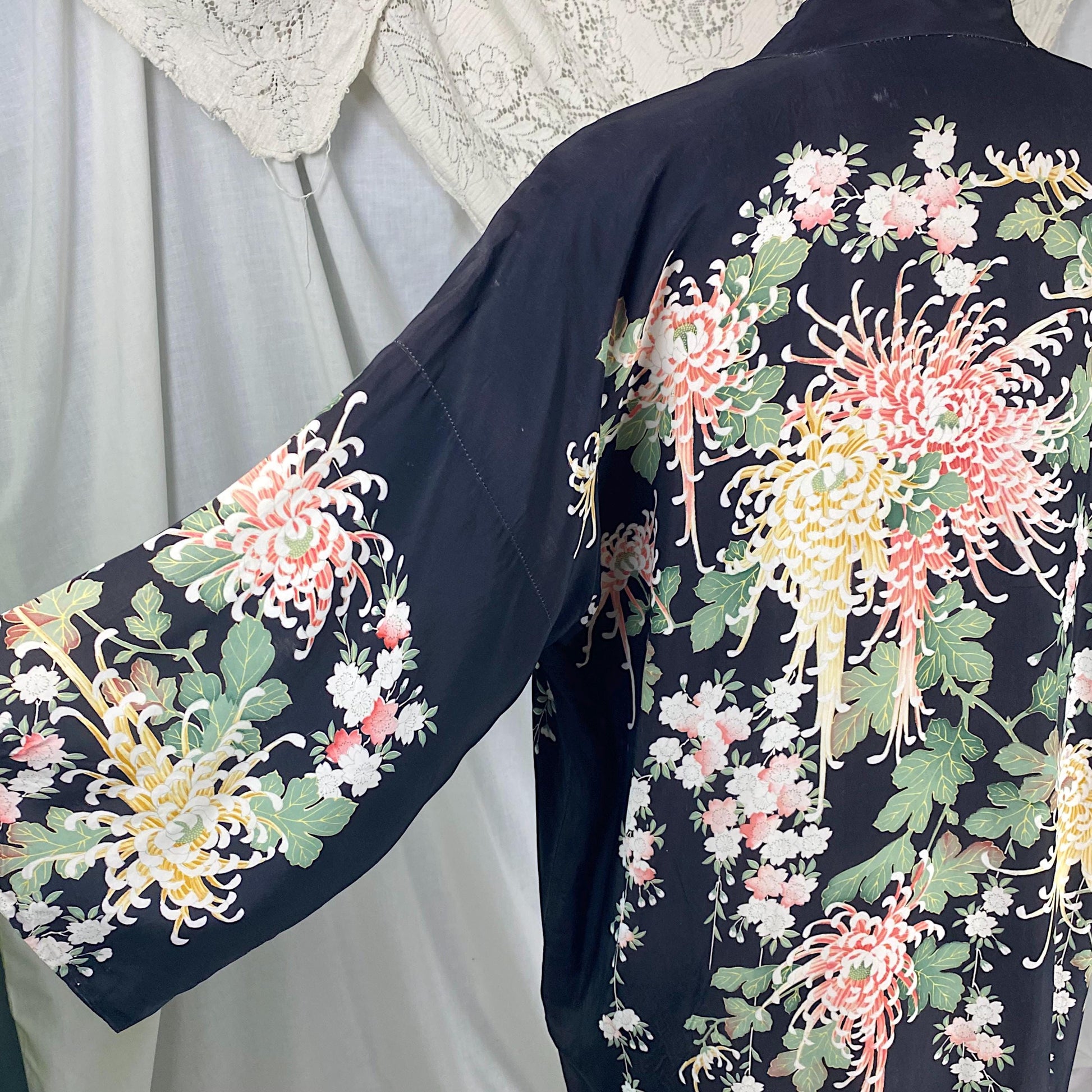 Vintage 1920's Japanese Kimono Robe | Black Rayon with Elaborate Floral Print | Size S, M, LG