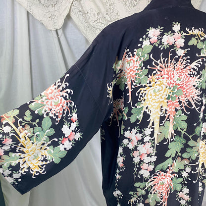 Vintage 1920's Japanese Kimono Robe | Black Rayon with Elaborate Floral Print | Size S, M, LG