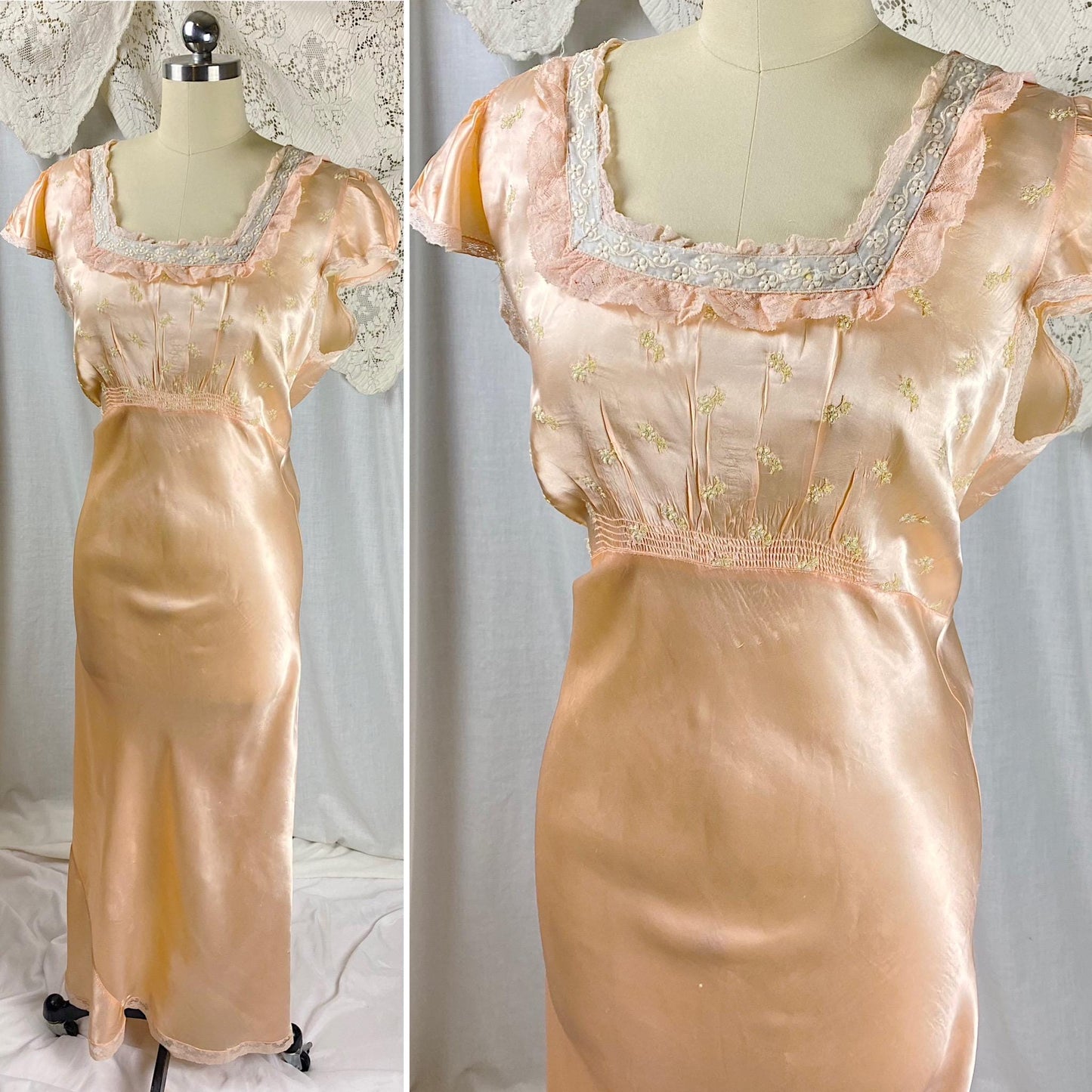 Vintage 1940's Nightgown | Rose Gold Rayon Satin with Gold floral embroidery & Ruffled Lace | Size M