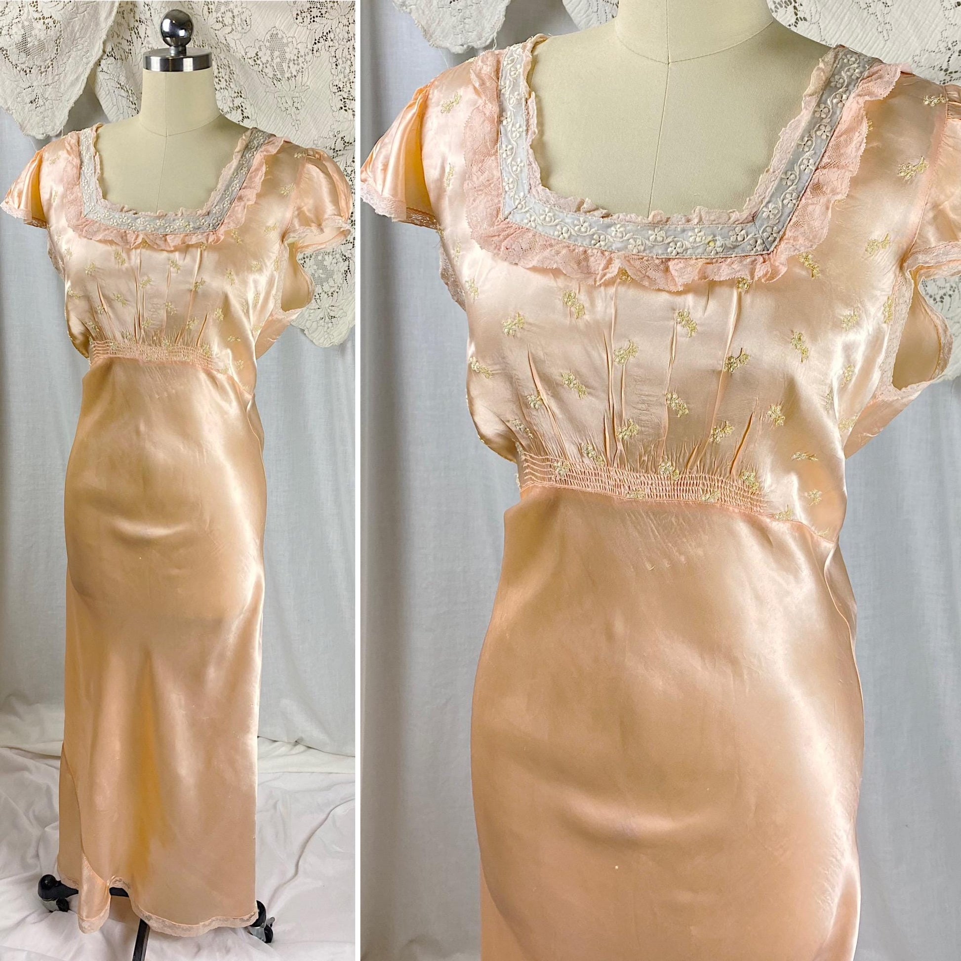 Vintage 1940's Nightgown | Rose Gold Rayon Satin with Gold floral embroidery & Ruffled Lace | Size M