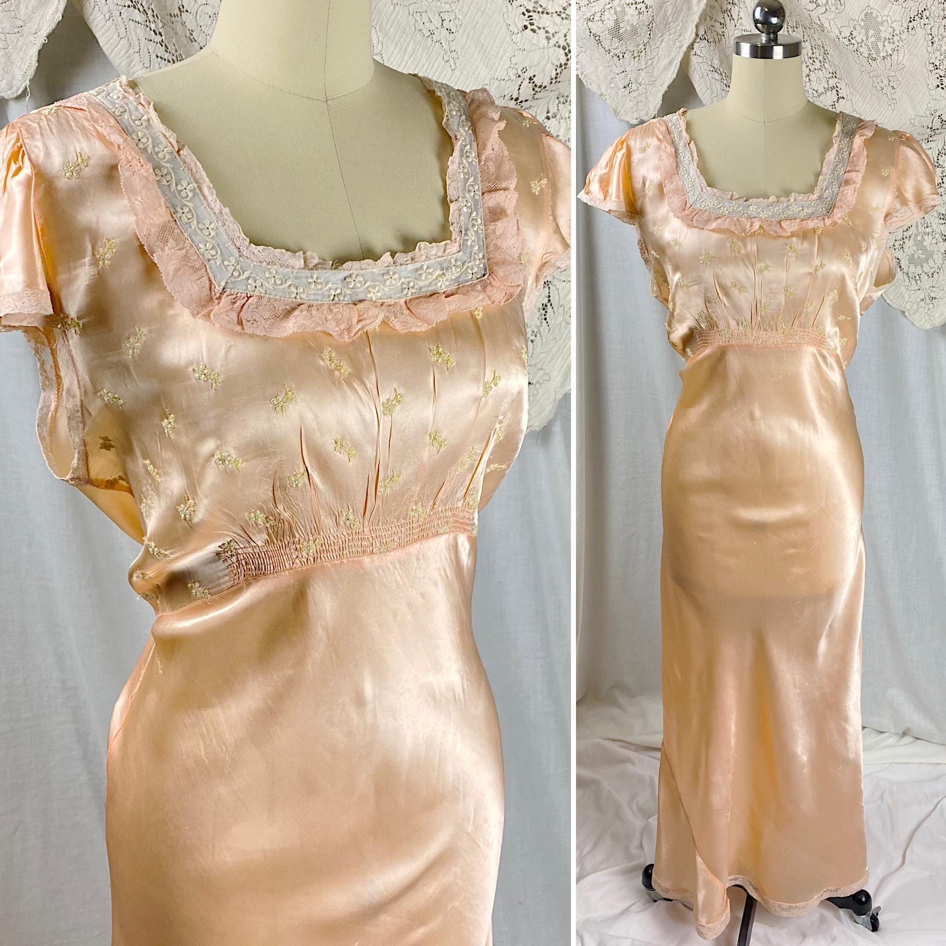 Vintage 1940's Nightgown | Rose Gold Rayon Satin with Gold floral embroidery & Ruffled Lace | Size M