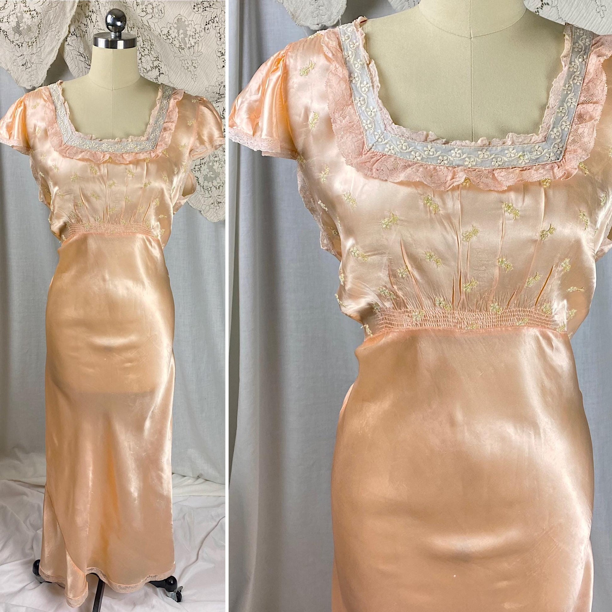 Vintage 1940's Nightgown | Rose Gold Rayon Satin with Gold floral embroidery & Ruffled Lace | Size M