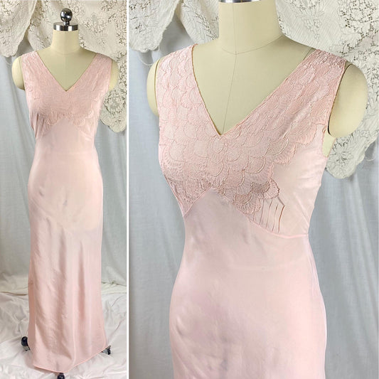 Vintage 1930's Nightgown | Hand Stitched Baby Pink Silk with Intricate Art Deco Embroidered Bodice | Size XS | Never Worn
