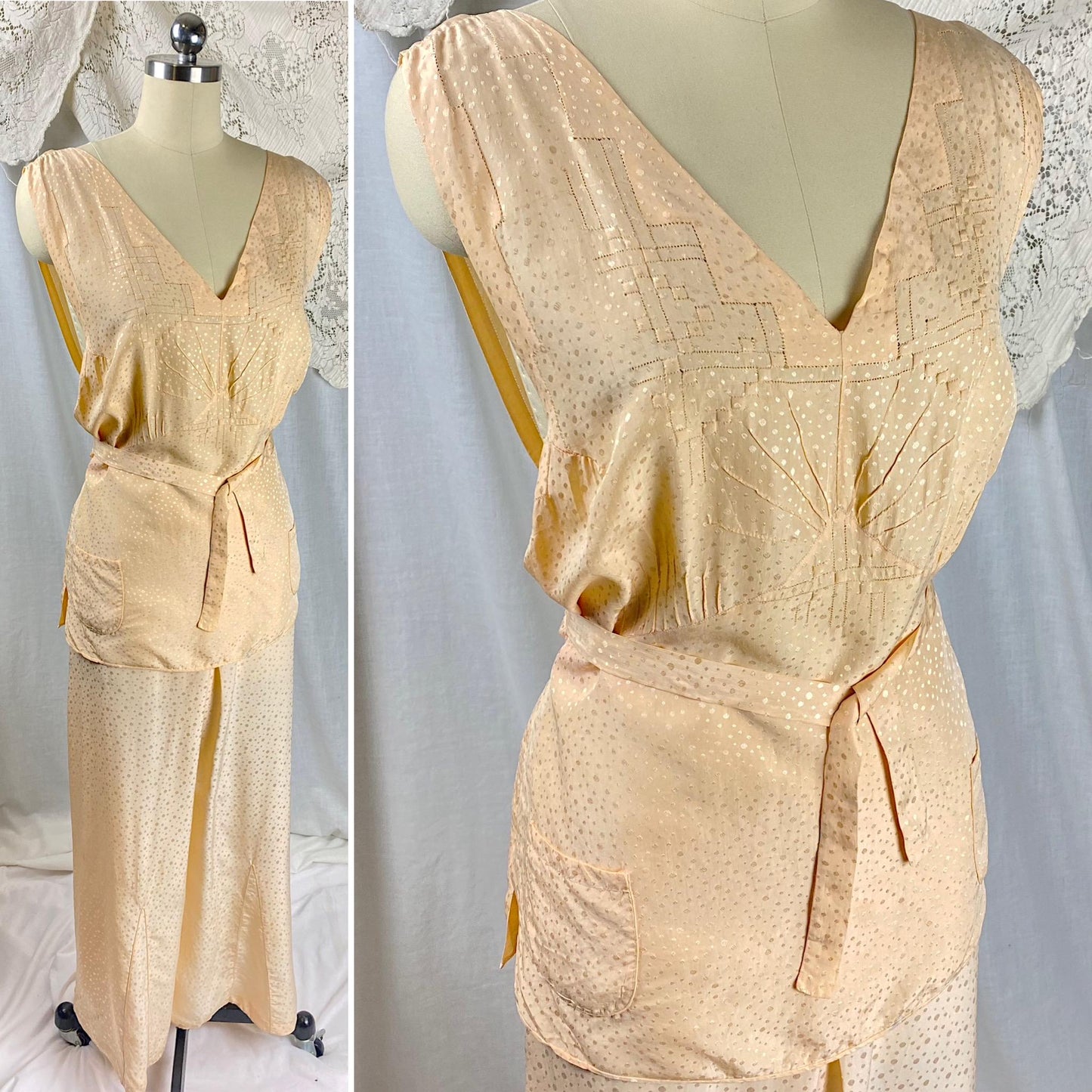 Vintage 1930's Beach Pajama Set | Hand Stitched Apricot Silk with Polka Dot Satin Damask & Embossed Art Deco Stitching | Size M