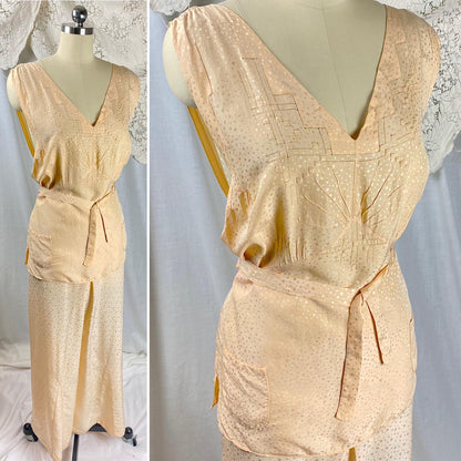 Vintage 1930's Beach Pajama Set | Hand Stitched Apricot Silk with Polka Dot Satin Damask & Embossed Art Deco Stitching | Size M