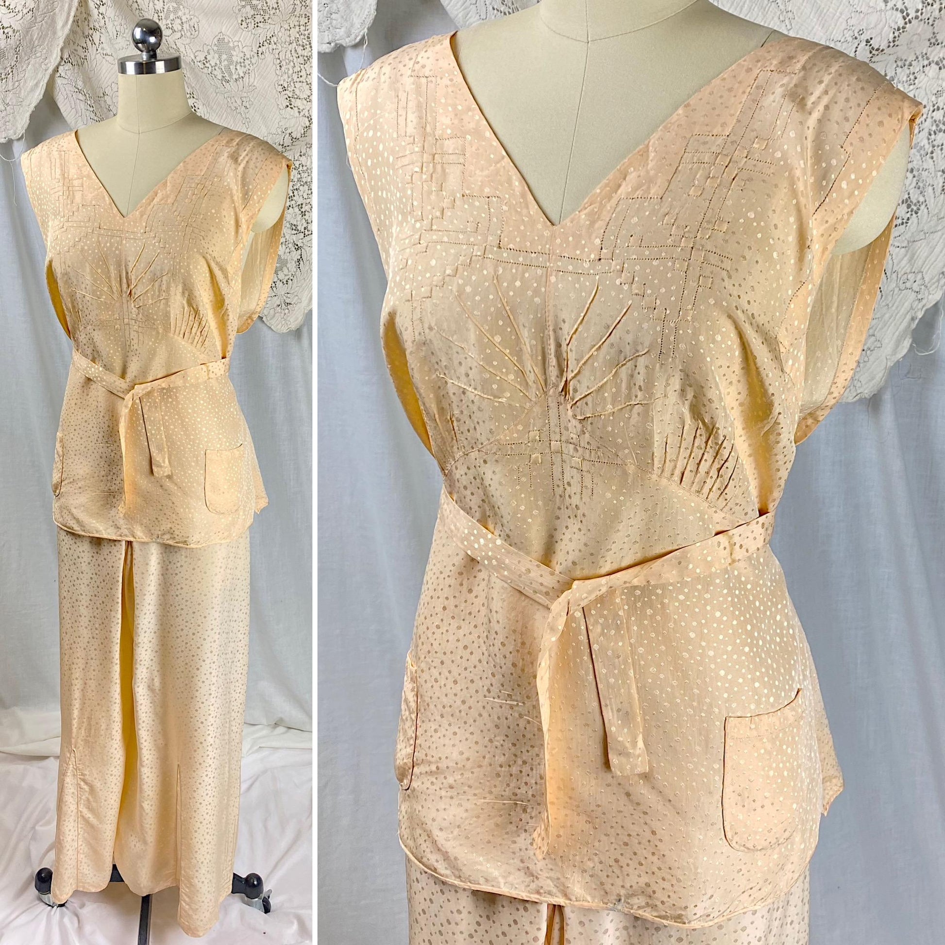 Vintage 1930's Beach Pajama Set | Hand Stitched Apricot Silk with Polka Dot Satin Damask & Embossed Art Deco Stitching | Size M