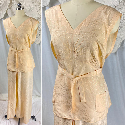 Vintage 1930's Beach Pajama Set | Hand Stitched Apricot Silk with Polka Dot Satin Damask & Embossed Art Deco Stitching | Size M