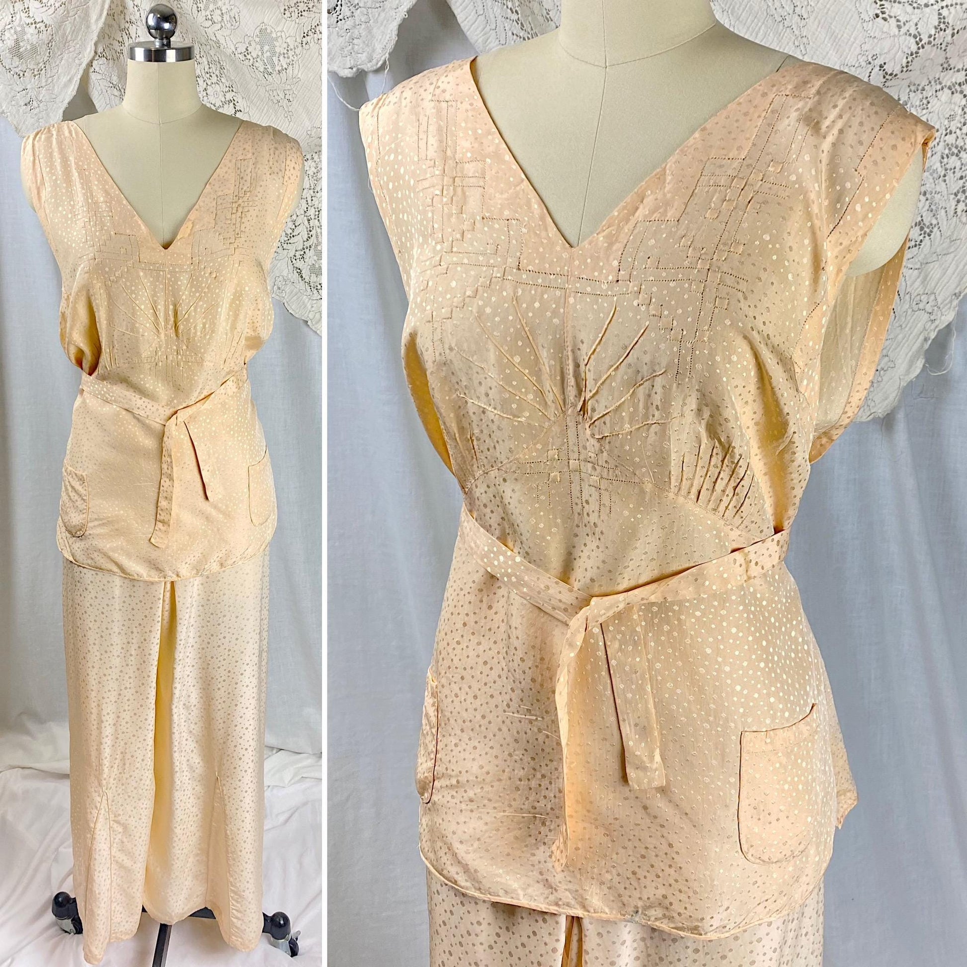 Vintage 1930's Beach Pajama Set | Hand Stitched Apricot Silk with Polka Dot Satin Damask & Embossed Art Deco Stitching | Size M