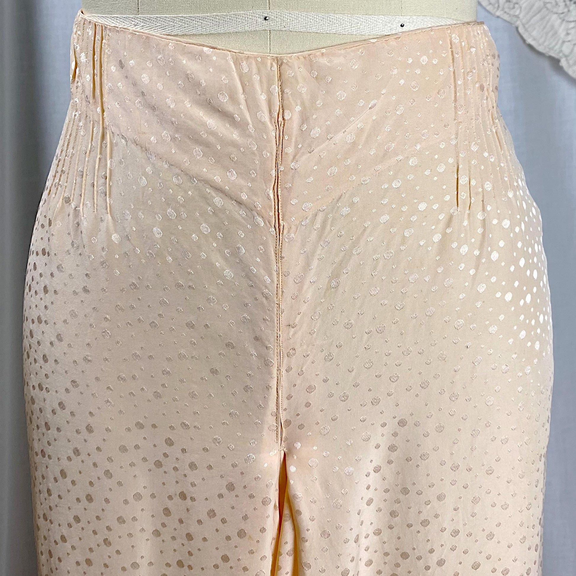 Vintage 1930's Beach Pajama Set | Hand Stitched Apricot Silk with Polka Dot Satin Damask & Embossed Art Deco Stitching | Size M