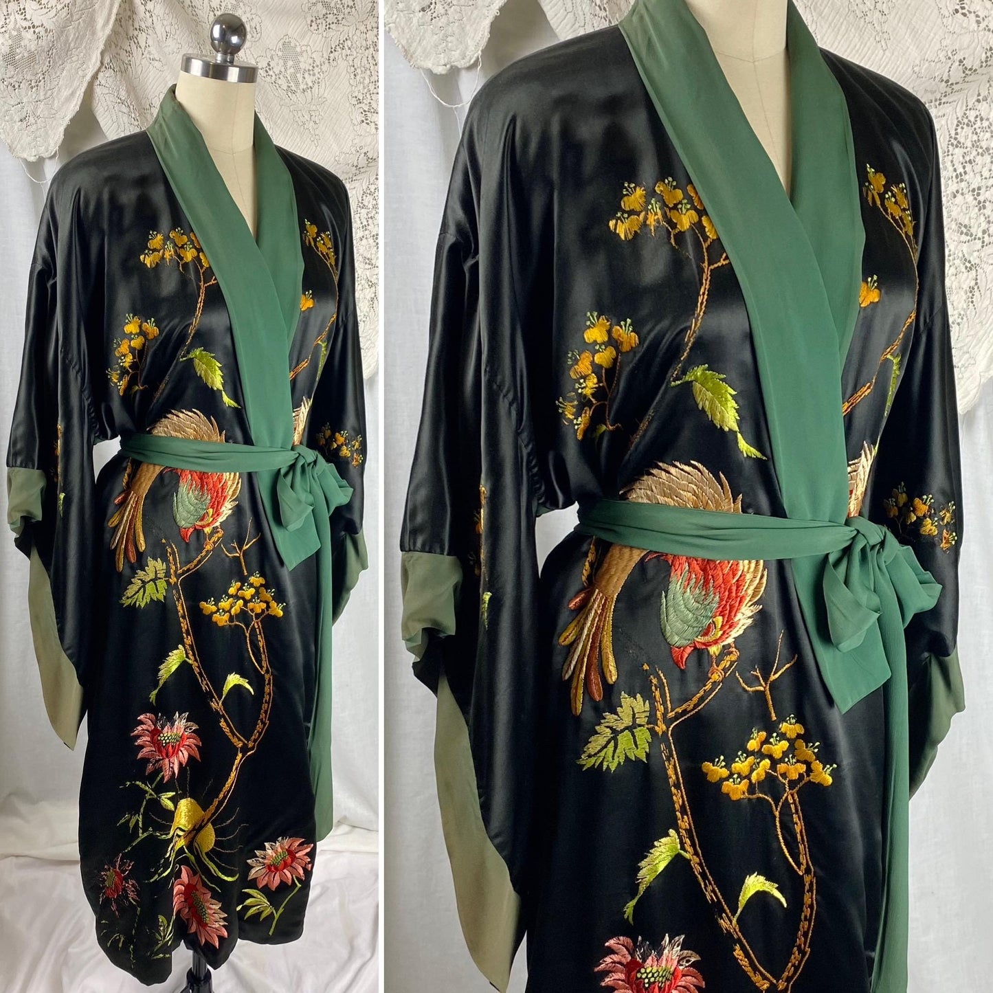 Vintage 1920's - 1930's Japanese Kimono Robe | Black Silk with Deep Green Silk Crepe Lining & Intricate Hand Embroidery | Size Free