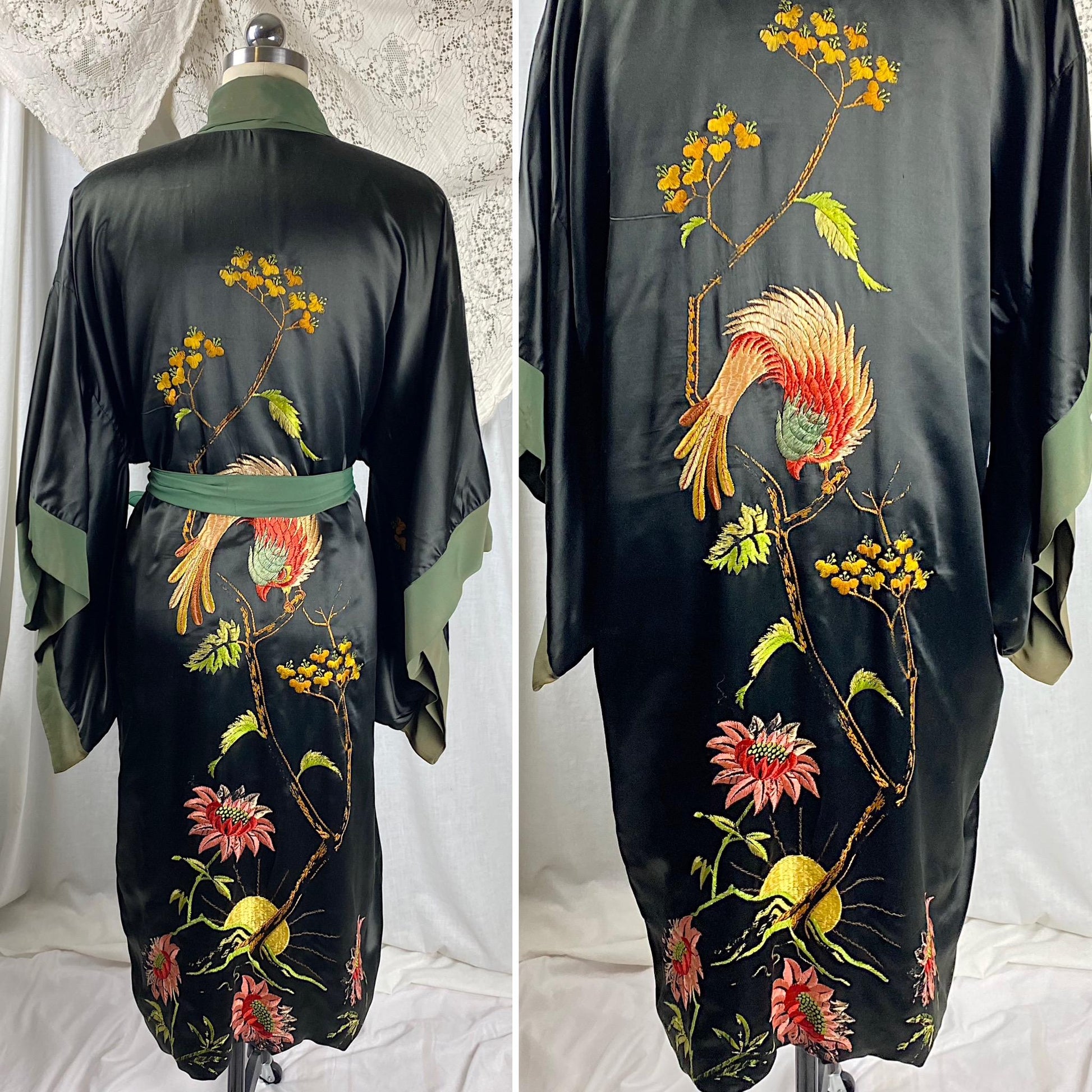 Vintage 1920's - 1930's Japanese Kimono Robe | Black Silk with Deep Green Silk Crepe Lining & Intricate Hand Embroidery | Size Free