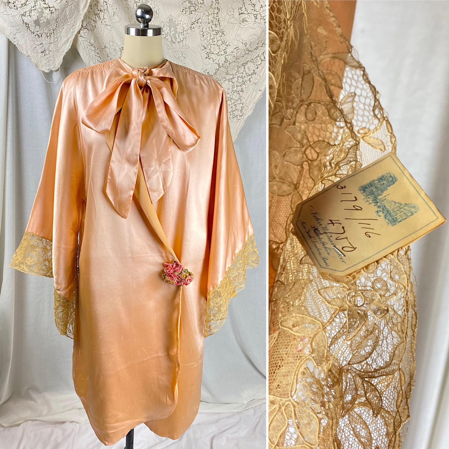 Vintage 1920's Dressing Gown Robe | Pale Rose Pink Silk & Wide Lace Edged Sleeves | Size S, M | John Wanamaker - New with Tags