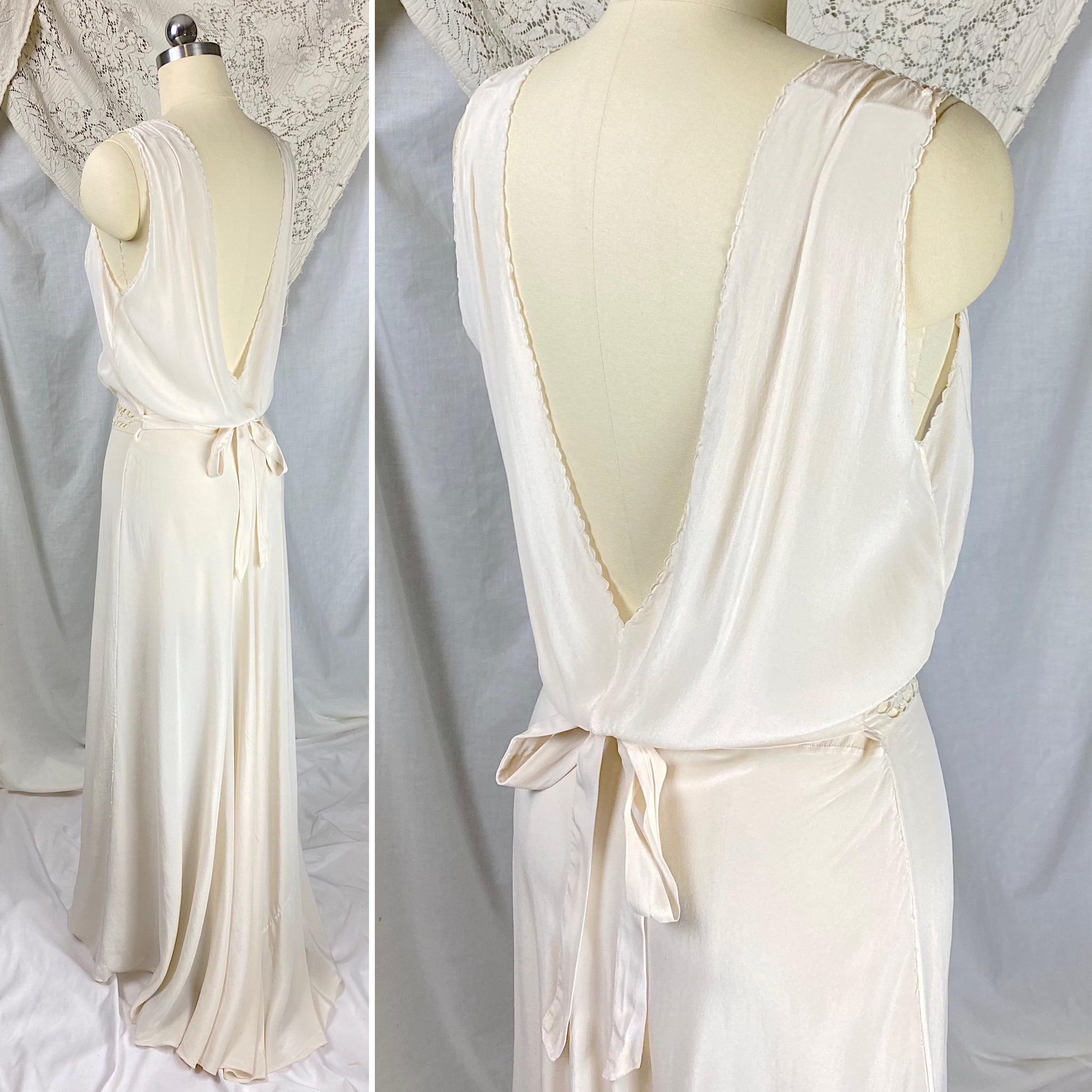 Vintage 1920's - 1930's Nightgown | Bone White Silk with Blouson Bodice & Floral Cutouts | Size S, M