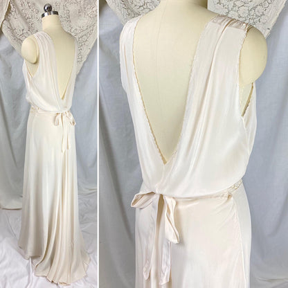 Vintage 1920's - 1930's Nightgown | Bone White Silk with Blouson Bodice & Floral Cutouts | Size S, M