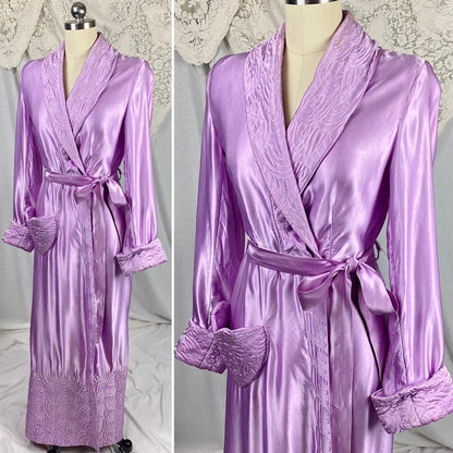 Vintage 1940's Robe | Lilac Purple Rayon Satin with Trapunto Stitching | Size S, M