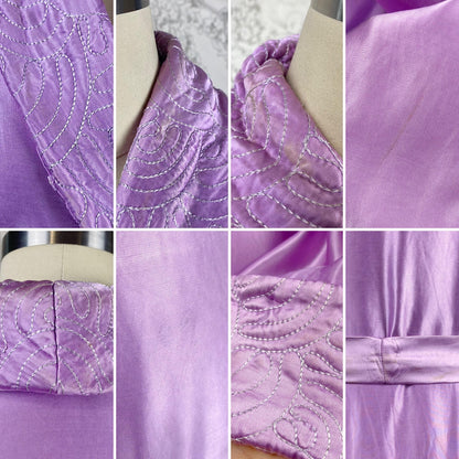 Vintage 1940's Robe | Lilac Purple Rayon Satin with Trapunto Stitching | Size S, M