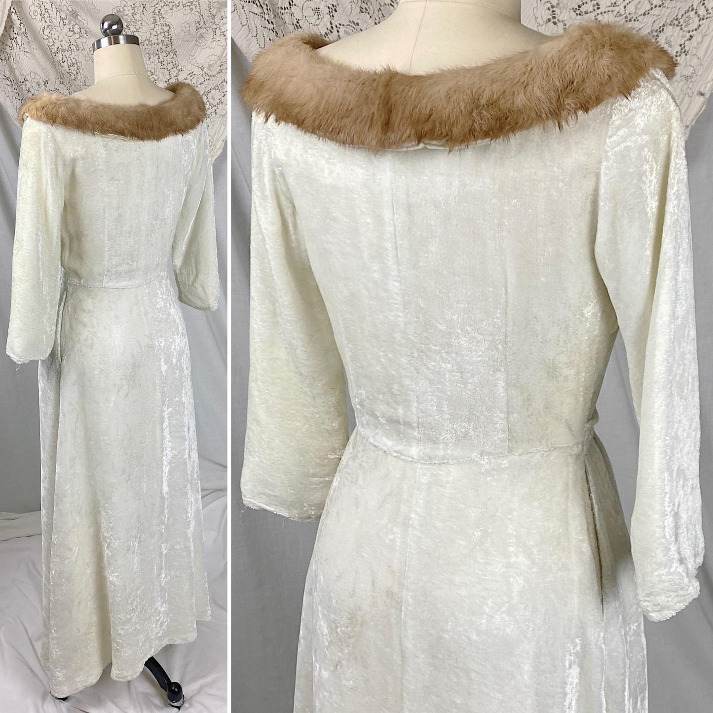 Vintage 1950's Robe | White Rayon Velvet with Blonde Mink Collar & Satin Lining | Size XS, S | By Bard's Toronto
