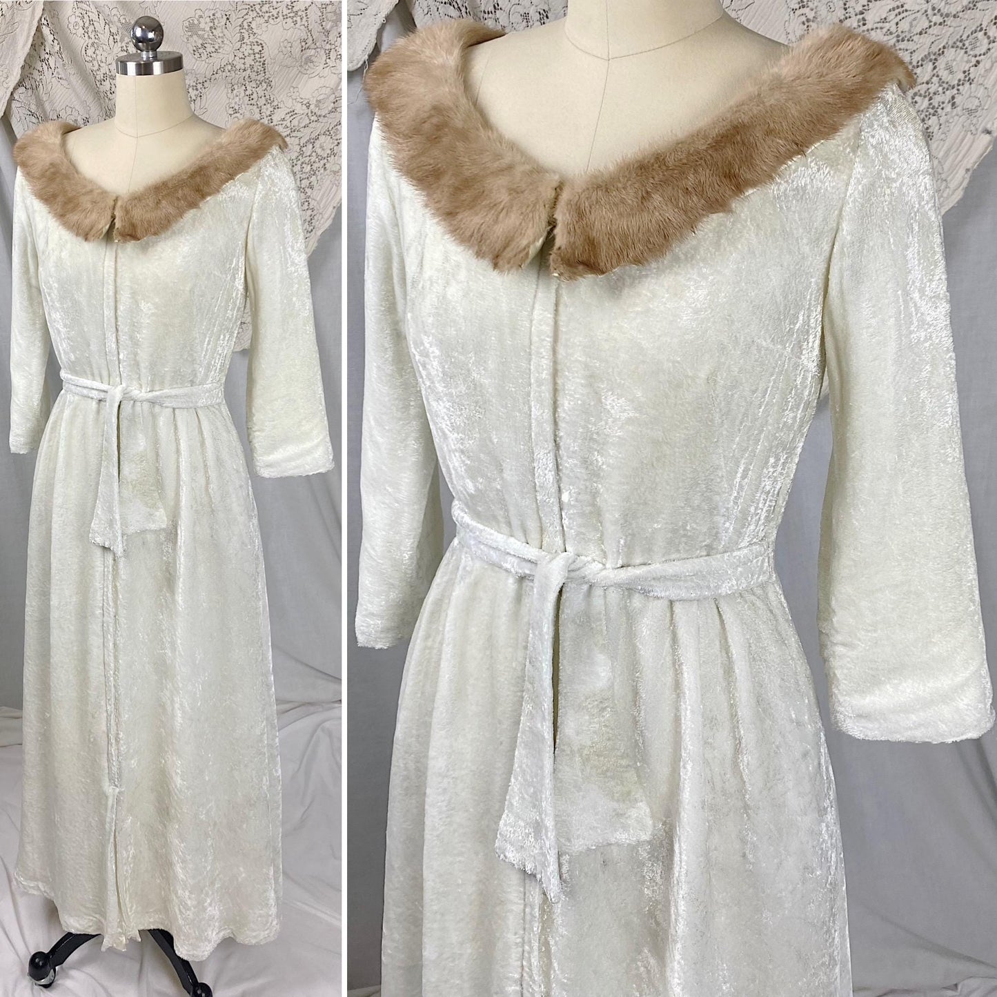 Vintage 1950's Robe | White Rayon Velvet with Blonde Mink Collar & Satin Lining | Size XS, S | By Bard's Toronto