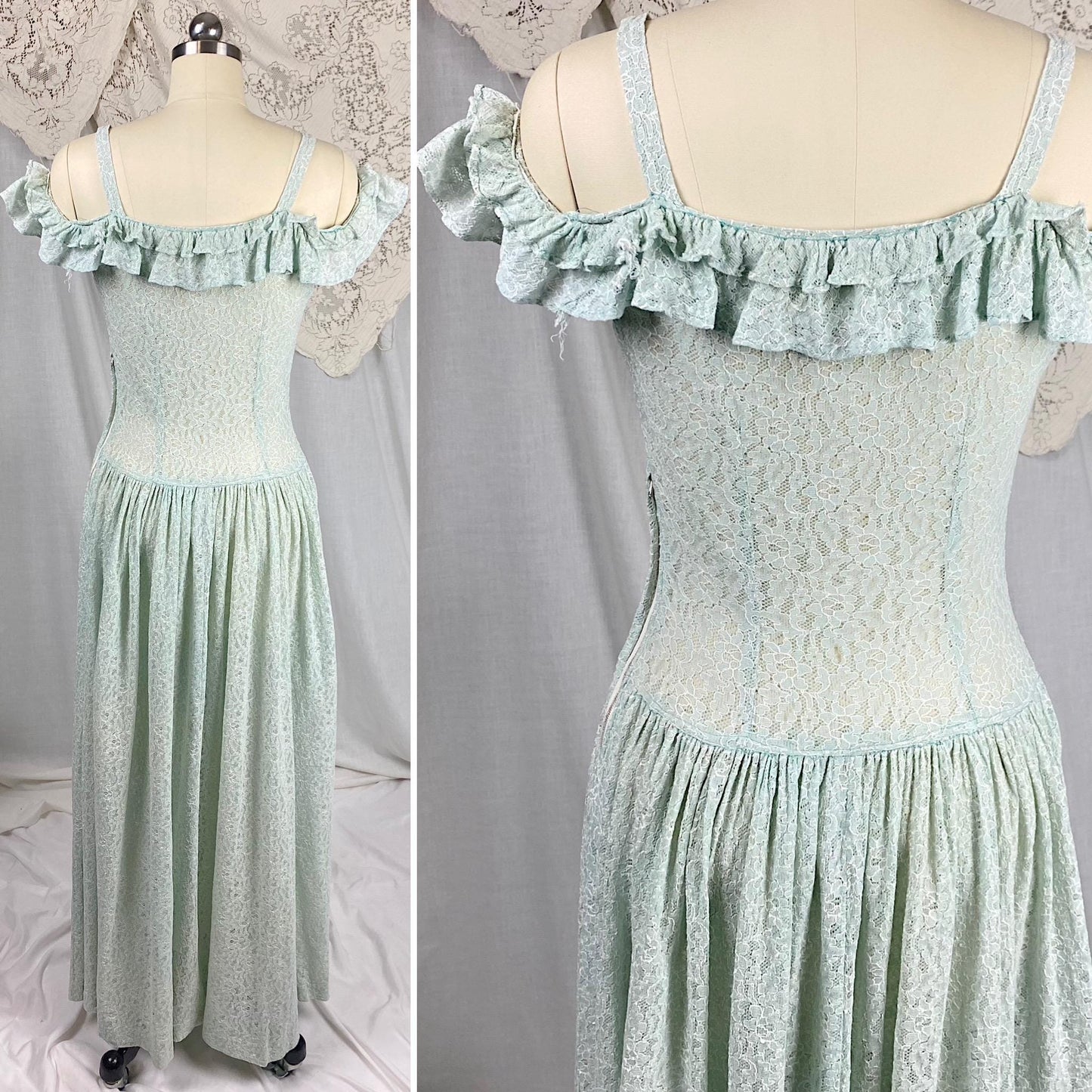 Vintage 1940's Maxi Dress | Seafoam Green Floral Cotton Lace with Ruffled Cold Shoulder | Size XS, S
