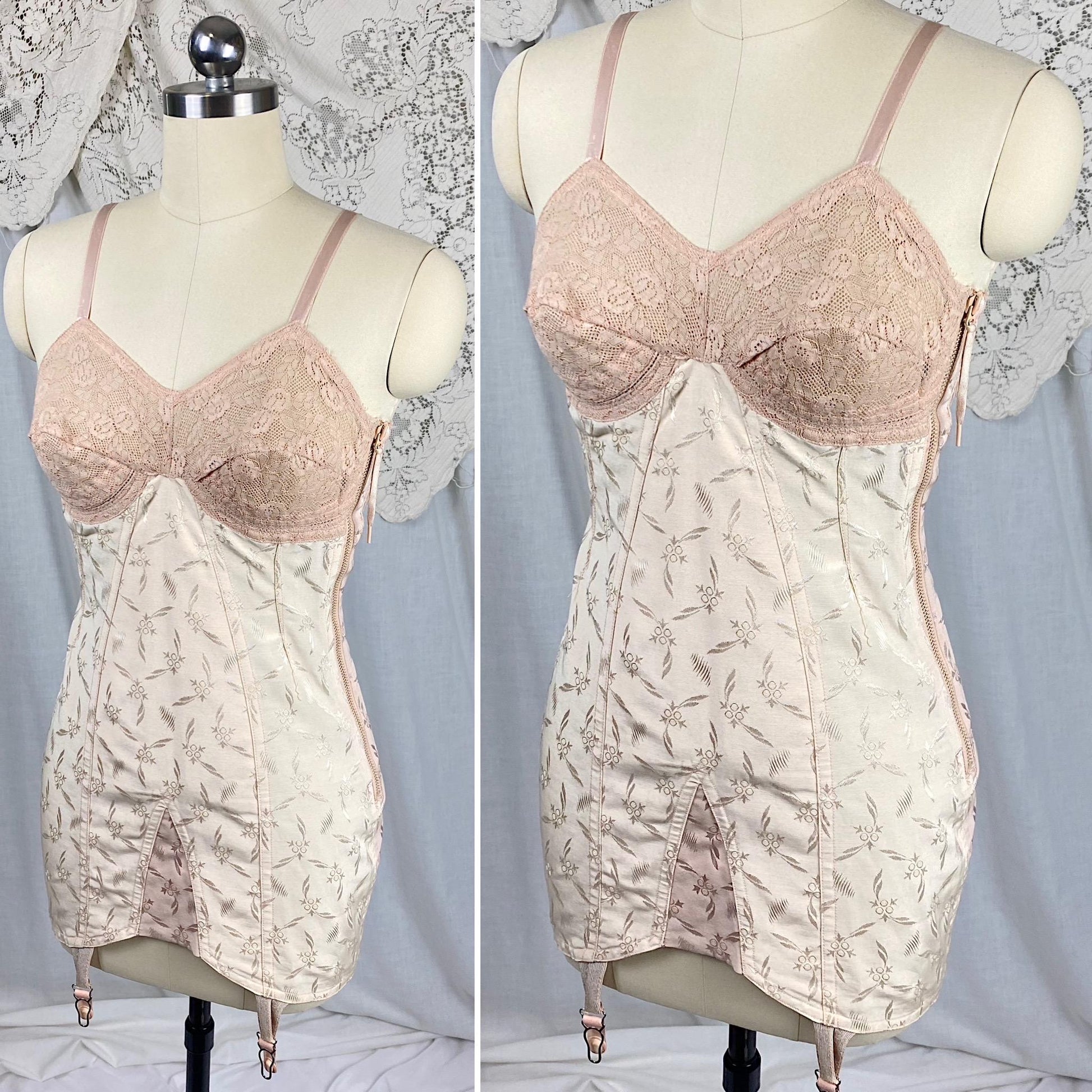 Vintage 1940's - 1950's All in One Girdle | Two Tone Powder & Blush Pink Rayon Satin Damask with Velvet Backing | Size S, M | By Blair