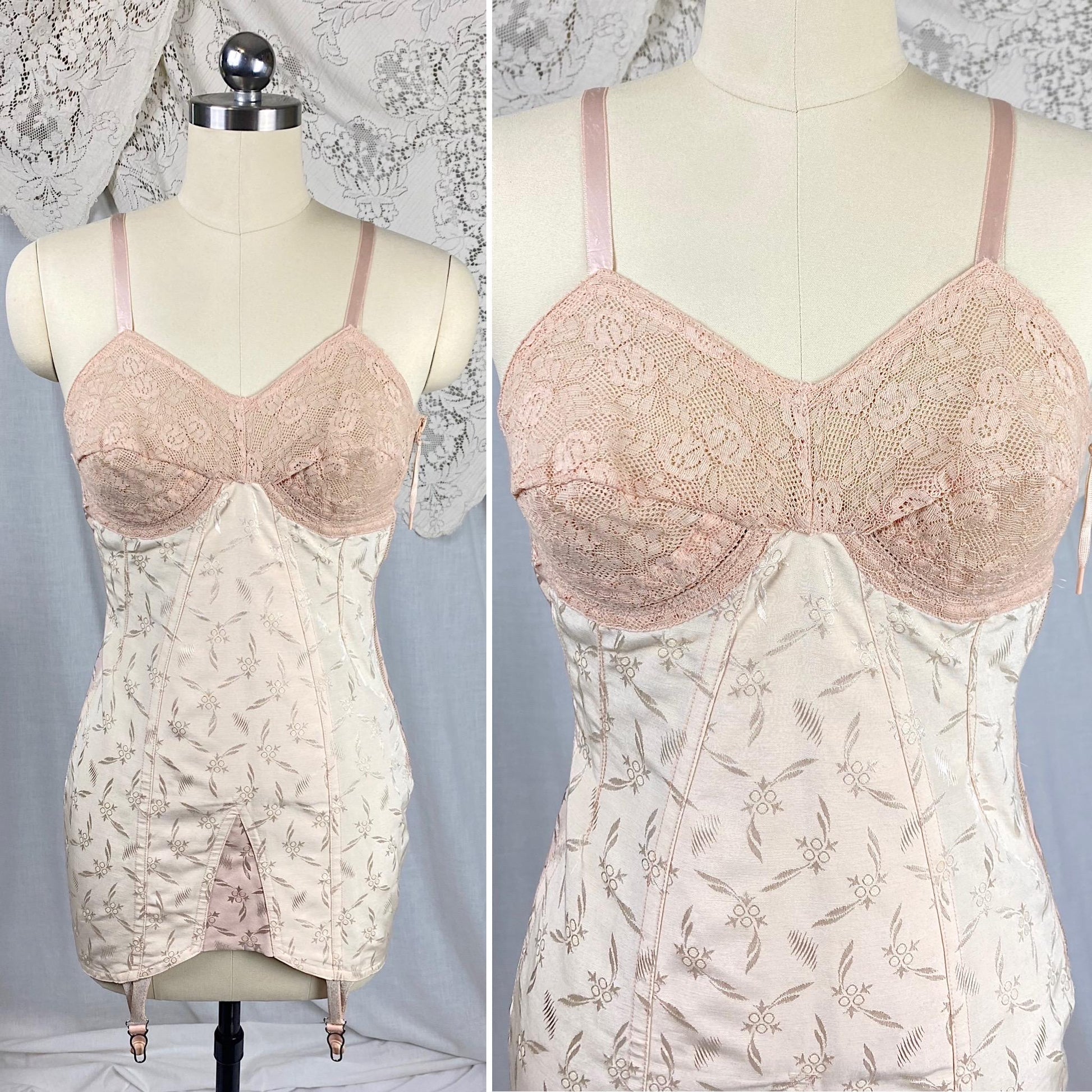 Vintage 1940's - 1950's All in One Girdle | Two Tone Powder & Blush Pink Rayon Satin Damask with Velvet Backing | Size S, M | By Blair