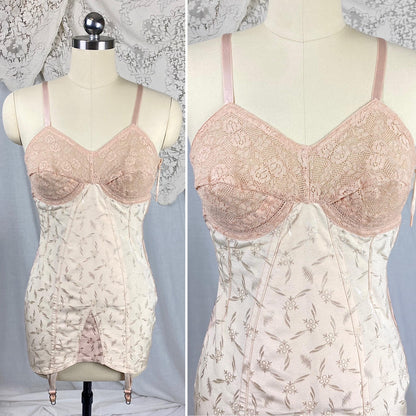 Vintage 1940's - 1950's All in One Girdle | Two Tone Powder & Blush Pink Rayon Satin Damask with Velvet Backing | Size S, M | By Blair