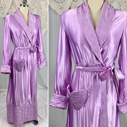 Vintage 1940's Robe | Lilac Purple Rayon Satin with Trapunto Stitching | Size S, M