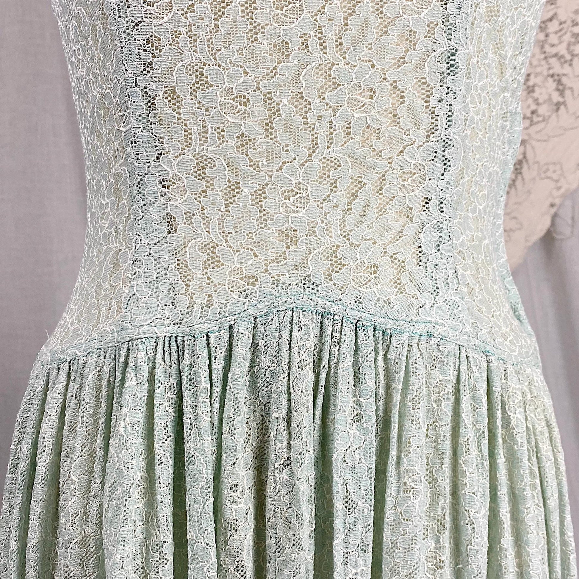 Vintage 1940's Maxi Dress | Seafoam Green Floral Cotton Lace with Ruffled Cold Shoulder | Size XS, S