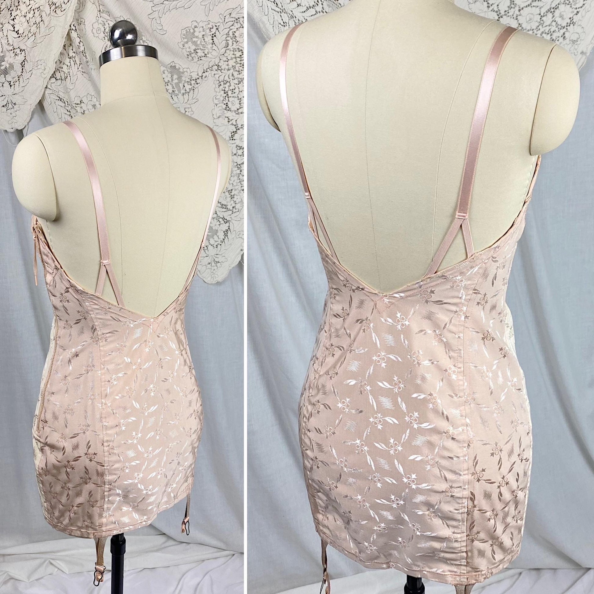 Vintage 1940's - 1950's All in One Girdle | Two Tone Powder & Blush Pink Rayon Satin Damask with Velvet Backing | Size S, M | By Blair