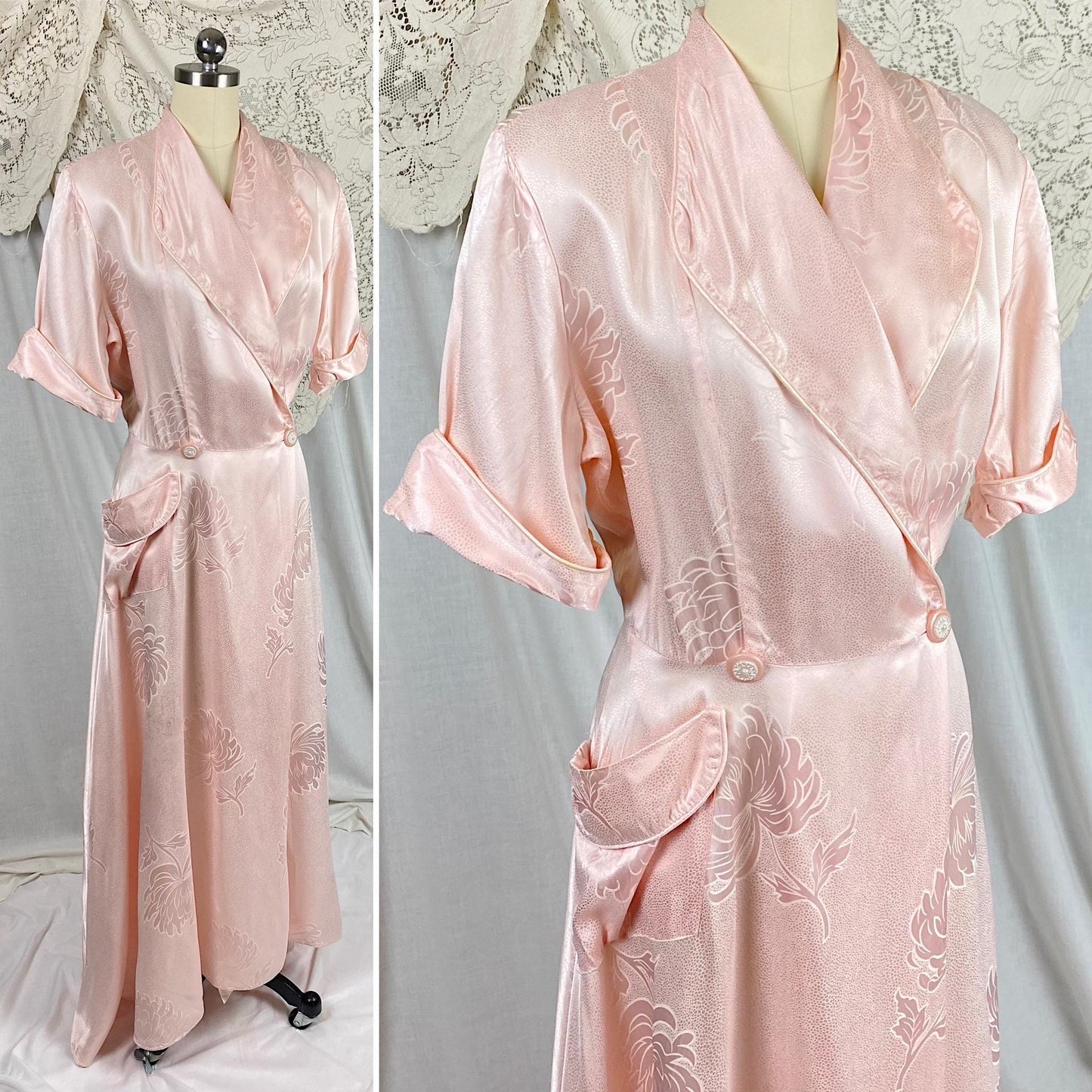Vintage 1940's - 1950's Dressing Gown Robe | Pale Rose Pink Rayon Satin with White Peony Floral Print | Size M, LG