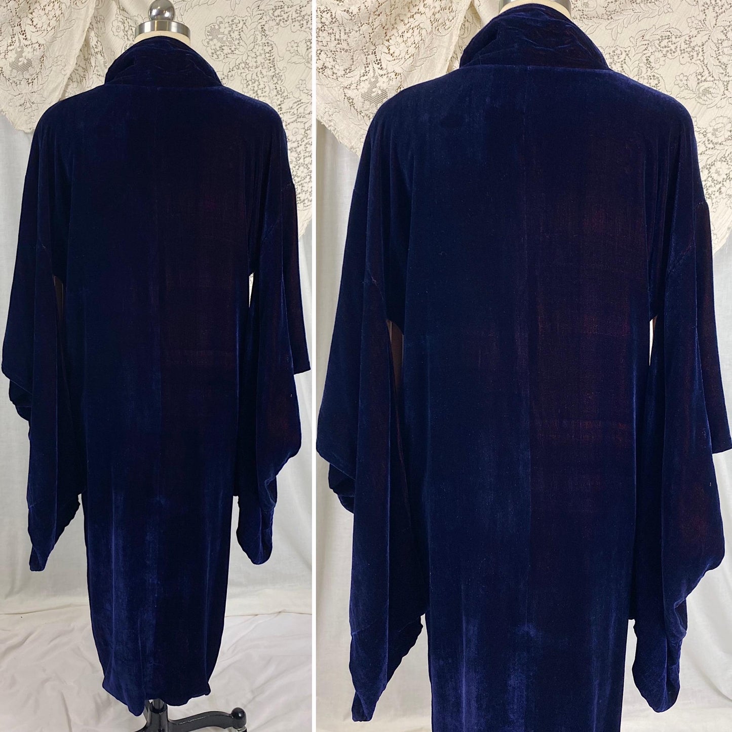 Vintage 1920's Kimono Robe | Deep Indigo Blue Velvet with Rose Pink Silk Lining | Size Free