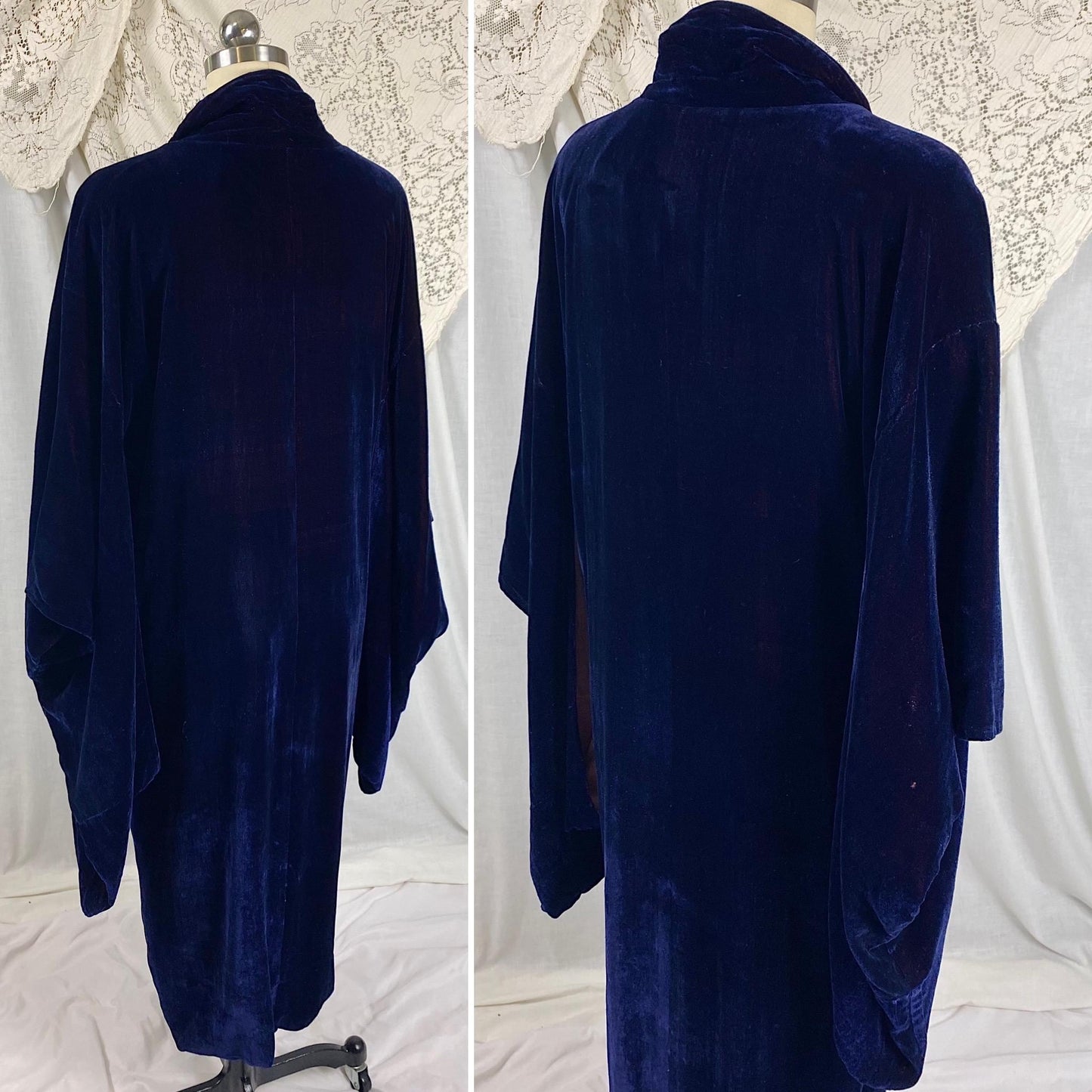 Vintage 1920's Kimono Robe | Deep Indigo Blue Velvet with Rose Pink Silk Lining | Size Free