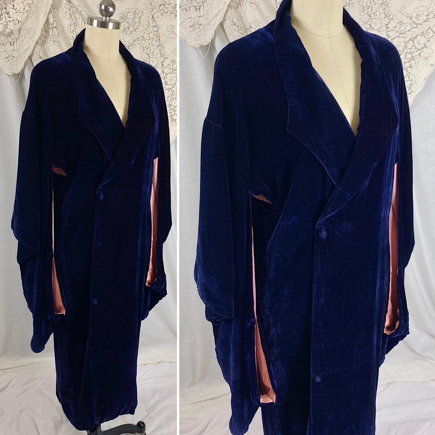 Vintage 1920's Kimono Robe | Deep Indigo Blue Velvet with Rose Pink Silk Lining | Size Free