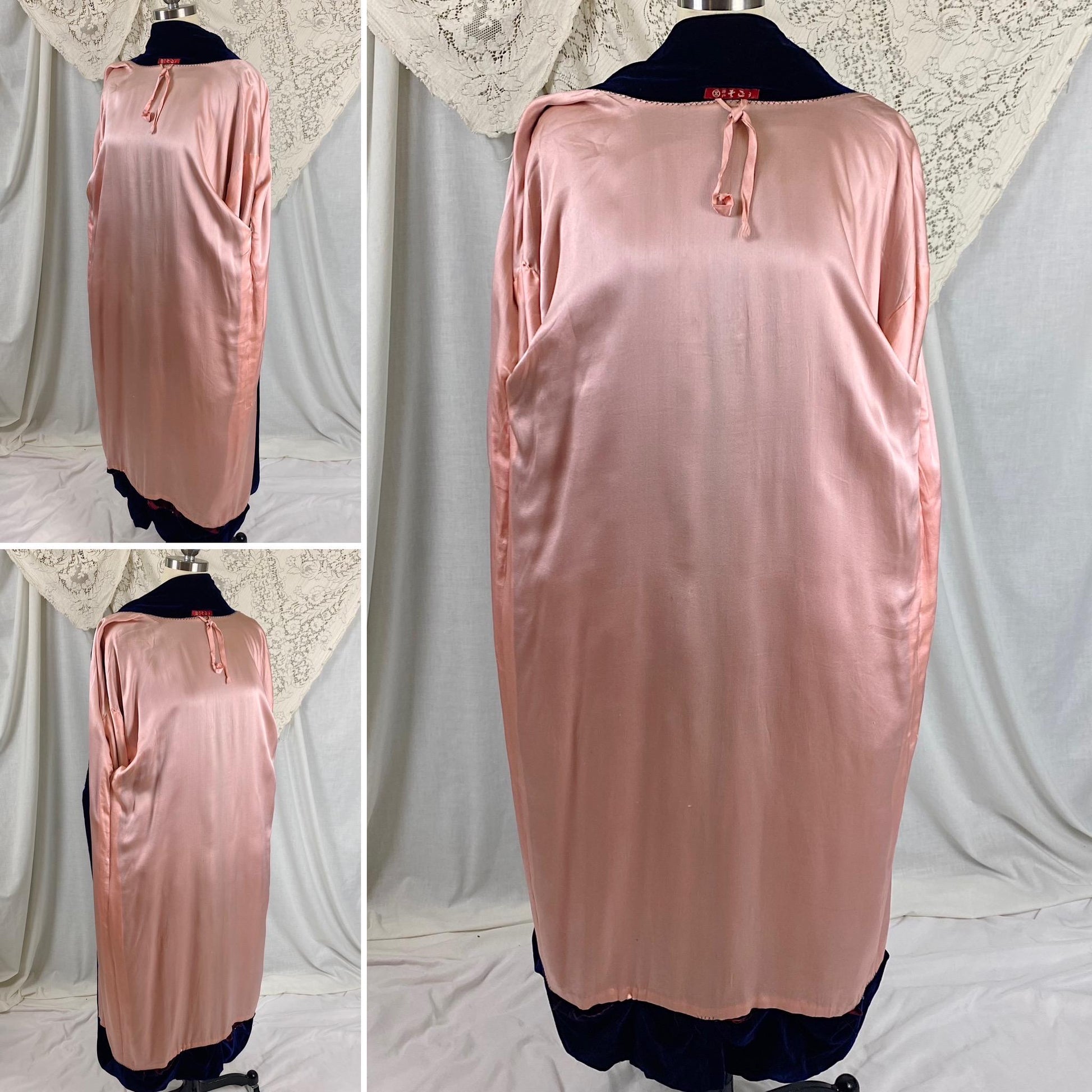 Vintage 1920's Kimono Robe | Deep Indigo Blue Velvet with Rose Pink Silk Lining | Size Free