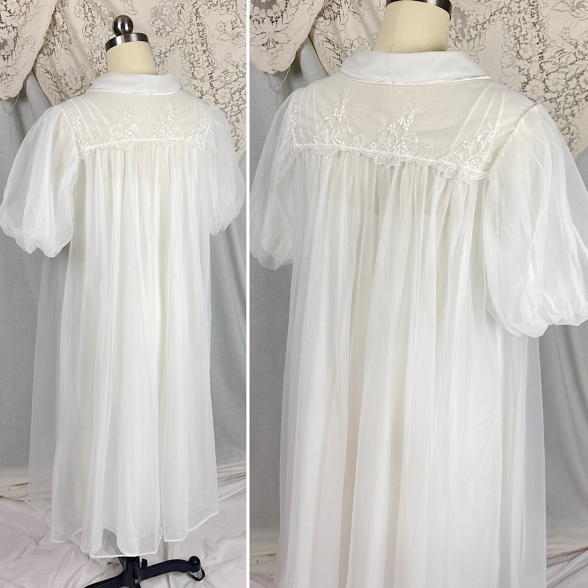 Vintage 1950's - 1960's Nightgown & Peignoir Set | Crisp White Nylon Chiffon with Satin Appliques | Size XS | By Gotham Gold Label