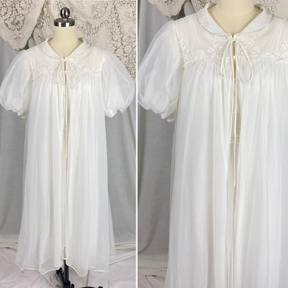 Vintage 1950's - 1960's Nightgown & Peignoir Set | Crisp White Nylon Chiffon with Satin Appliques | Size XS | By Gotham Gold Label
